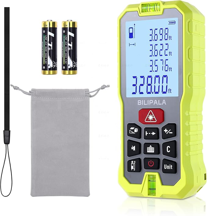 Laser Measure, 100M/328ft Digital Laser Tape Measure with Backlit LCD, ±2mm Accuracy, Portable Laser Rangefinder M/in/Ft Unit Switching, Measuring Distance,Area,Volume and Pythagoras(Red)