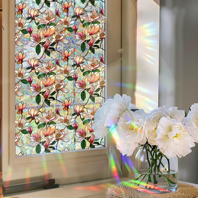 Retro Magnolia Flowers Window Privacy Film, Stained Glass Decals Colorful - Image 4