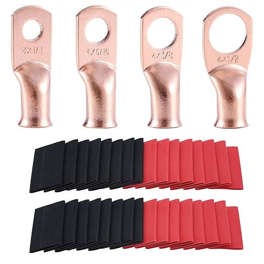 62PCS 4 AWG Ring Terminal Connectors Battery Copper Wire Lugs 4 Gauge 5/16", 3/8", 1/4", 1/2" with Heat Shrink Tubing Set, 30Pcs Battery Cable Ends and 32PCS Heat Shrink Tubing