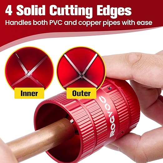 Deburring Tool, Plumbing Reamer Chamfering Tool for 1/4 Inch to 1-5/8 Inches, Inner Outer Pipe Reamer with 4 Solid Cutting Edges for PVC, Copper and Aluminum Tubes, Red
