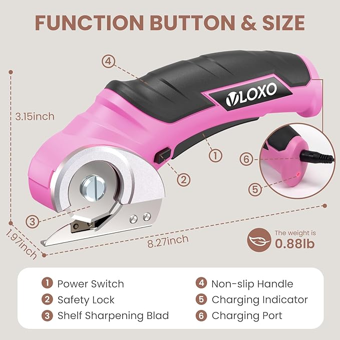 VLOXO Cardboard Cutter, Cordless Electric Scissors for Leather with Safety Lock, Box Cutter Electric Multi-Cutting Tools Rechargeable Powerful Scissors for Canvas Leather Plastic with Storage Box Pink