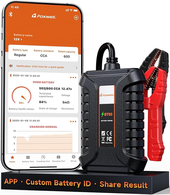 FOXWELL BT60 Car Battery Tester, 12V Bluetooth Load Tester, Cranking Charging System Analyzer Fit for Android/iPhone, 100-2000CCA Alternator Tester for Car, Motorcycle, SUV, Pickup Truck, RV & Marine