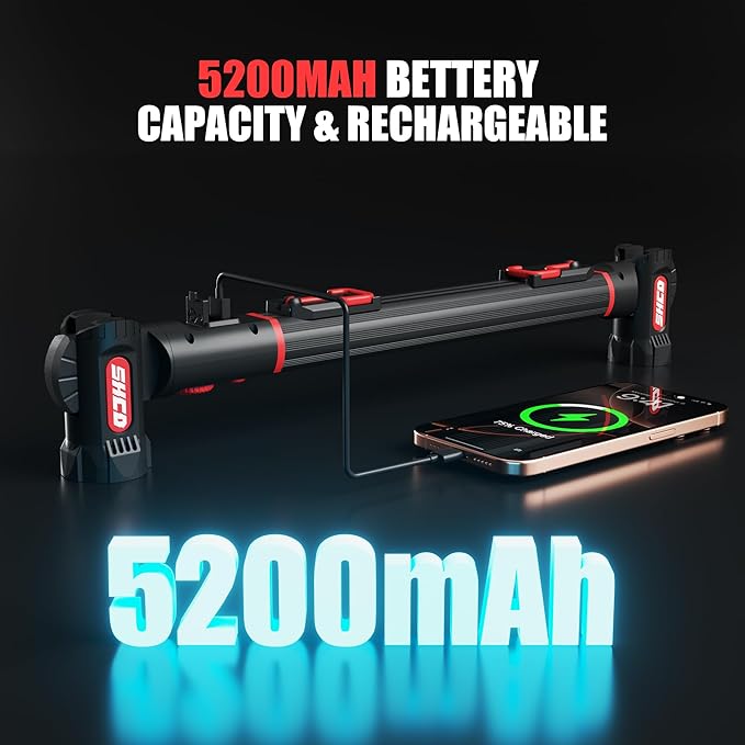 Work Light for Mechanics, 3300LM LED Work Light, 5200mAh Rechargeable Magnetic Work light, Underhood Work Light with Hooks, Cordless Portable Work Light for Car Repairing Garage Workshop and Emergency