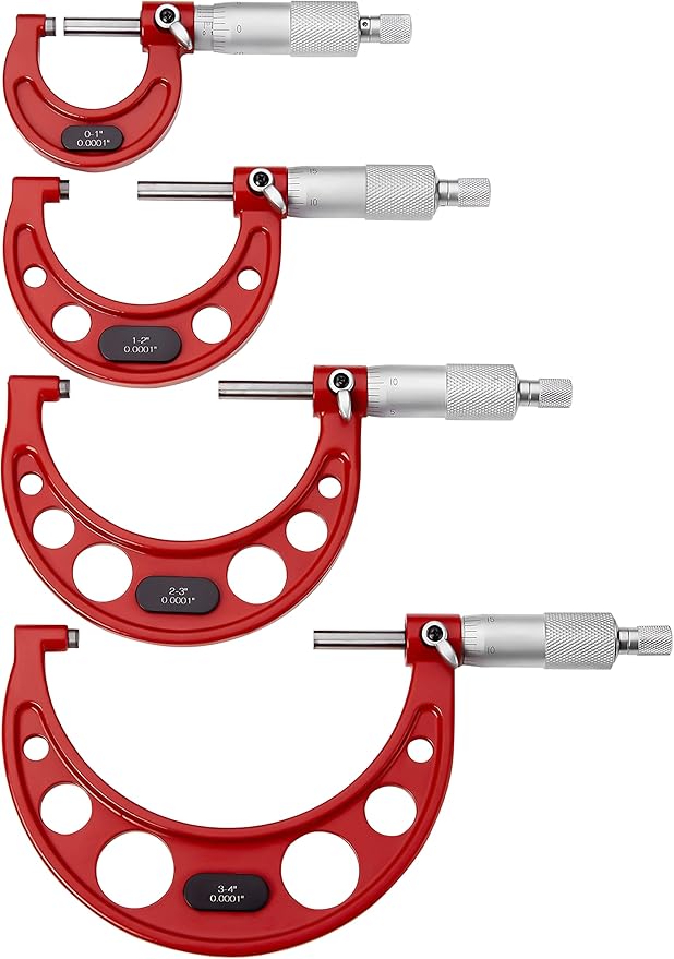 Premium Outside Micrometer Set 0-4" / 0.0001" (0-1"/1-2"/2-3"/3-4") Precision Machinist Tools w/Carbide Tips, Standards, Ratchet Stop