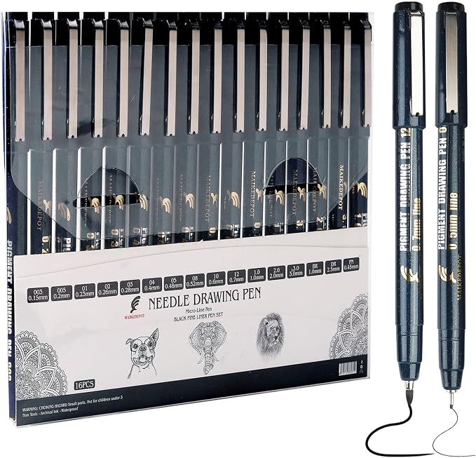 16 Pack Micro Fineliner Drawing Pens by MAIKEDEPOT