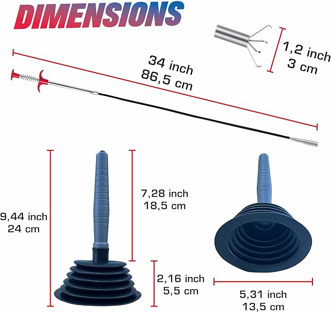 Sink and Toilet Plunger & Hair Clog Remover 34 inch 2 in 1 Kit - Drain Snake and Plunger for Sinks, Kitchens, Toilets, Bathrooms and Showers