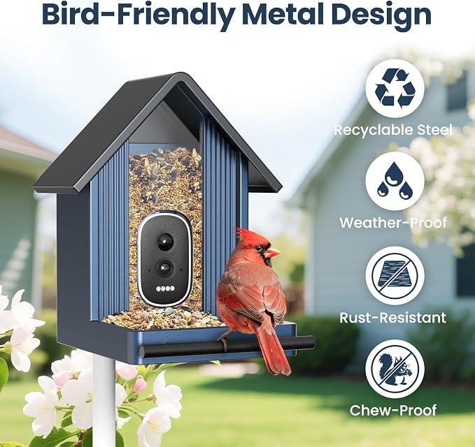 Smart Metal Bird Feeder with Camera, Light Blue | Squirrel Proof, 2.5K UHD AI - Image 10