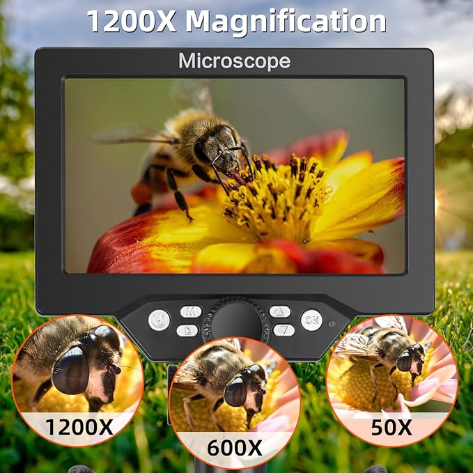 Koolertron 7 inch LCD Digital Microscope with 32G TF Card, 12MP 1080P USB Microscope Camera with Remote Control, PC View, Fill Lights for Coin, Plant, Rock, Circuit Board