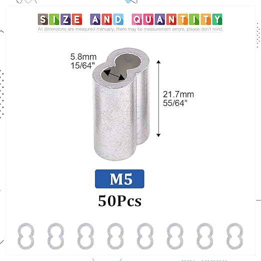 Glarks 50Pcs 3/16''(5mm) Aluminum Crimping Loop Sleeve Wire Rope Sleeves Double Barrel Ferrule for Wire Rope and Cable Line End (3/16''-50Pcs)