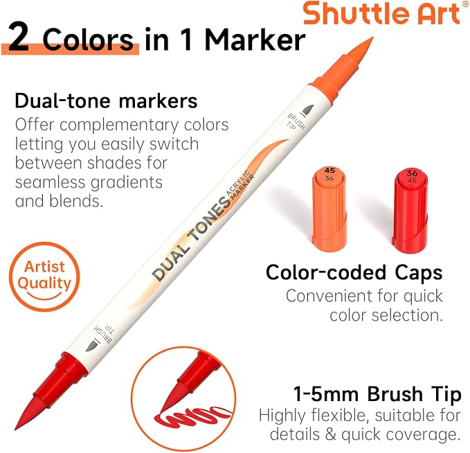 Shuttle Art 48 Colors Dual Tone Acrylic Paint Markers, 24 Pack Acrylic Paint - Image 3