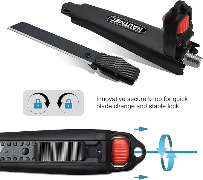2PCS HAUTMEC 18mm Extra Heavy Duty Utility Knife with Double Lock Mechanism, Auto-Lock and Ratchet- Lock for Double Safety, SK2 Sharp Black Blade for Industrial or Construction Applications HT0136-2PC