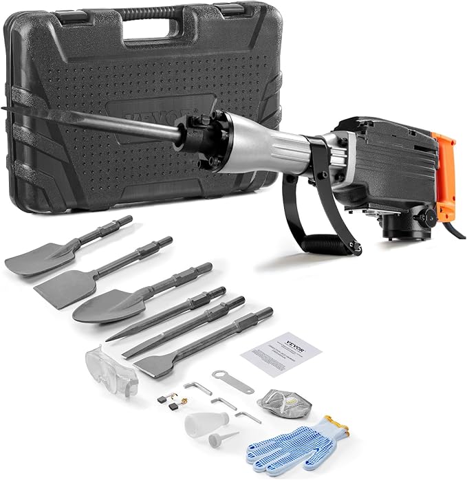 VEVOR Demolition Jack Hammer, 1350 BPM Concrete Breaker 6pcs Chisels Bit Chipping with Case, 2200W Electric Jackhammer Heavy Duty, Black