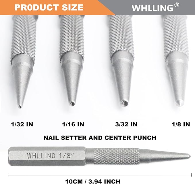 4-Piece Nail Setter Punch and Center Punch Set, Heat Treated Alloy Steel with Knurled Grip Most Commonly Used Sizes for Carpenters Woodworkers