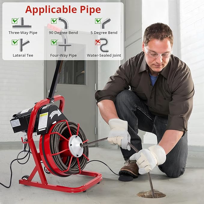 75Ft 3/8 Inch Electric Drain Cleaner Machine Auto Feed Drain Auger for 1 to 4 Inch Pipes Professional Sewer Snake with 4 Cutters Gloves Heavy Duty Clog Remover