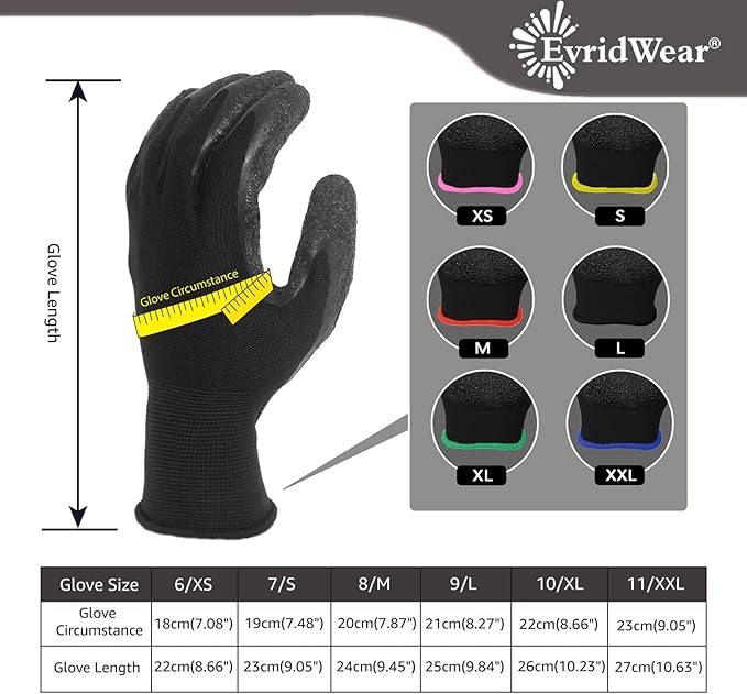 Evridwear Crinkle Latex Rubber Hand Coated Safety Work Gloves for Men Women General Multi Use Construction Warehouse Gardening Assembly Landscaping (XL-Size) 12 Pairs Pack