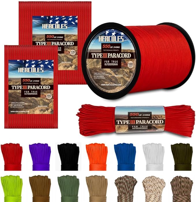HERCULES Type III Paracord 550 Paracord Rope Parachute Cord, 100' Imperial Red for Camping Cord, Survival Rope