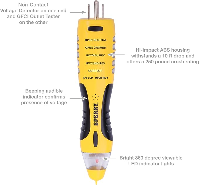 Sperry Instruments VD7504GFI DualCheck 2-in-1 Non-Contact Voltage Detector + GFCI Outlet Circuit Analyzer, 360° Visual & Audible Indicators, 50-1000V AC, 250 lb. Crush Rating