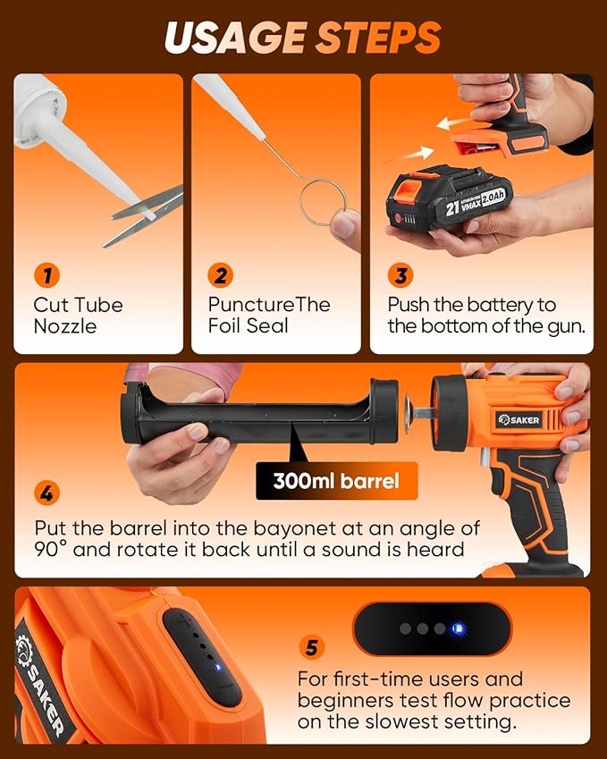 Saker Electric Caulking Gun Cordless Caulk Gun Drip-free with Silicone Caulking Tools 4 Adjustable Speeds with LED Light for Filling, Sealing 1 Batteries