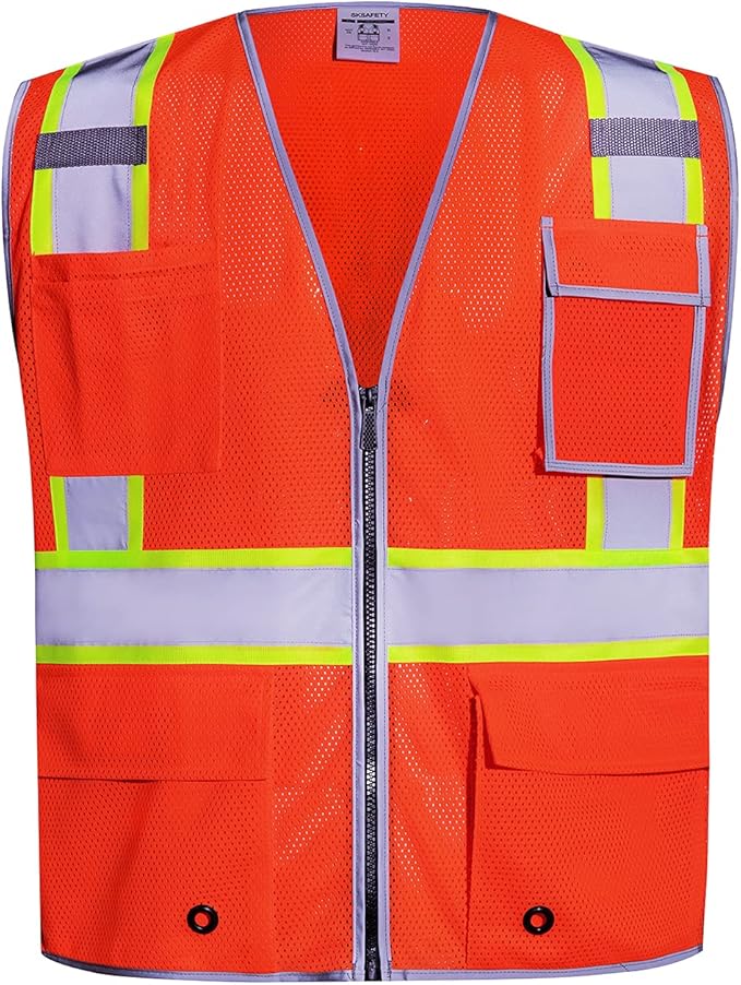 SKSAFETY 10 Pockets Safety Vest, Class 2 High Visibility Security with Zipper Double-sided mesh, Hi Vis Vest with Reflective Strips, ANSI/ISEA Standard, Construction Work Vest （Orange, 5XL）