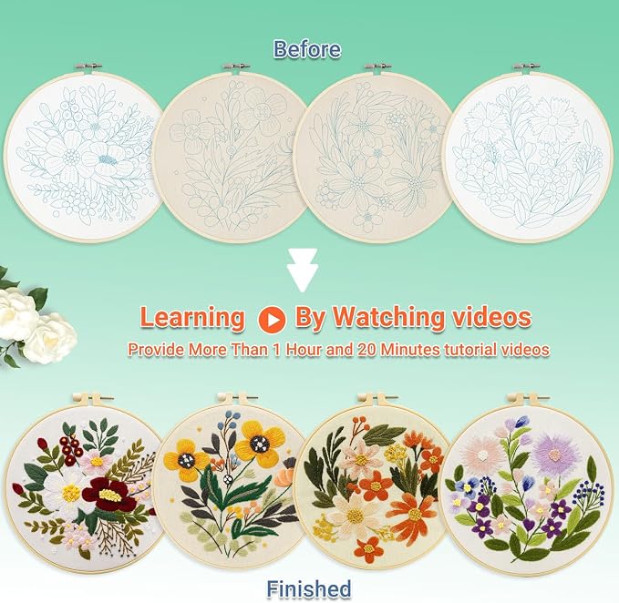 Bonroy 4 Sets Embroidery Set for Beginners Art Crafts Easy Sewing Includes - Image 3