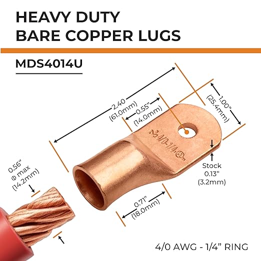 SELTERM 2pcs 4/0 AWG 1/4" Stud Copper Wire Lugs, Ring Terminals, Battery Cable Ends, 0000 Gauge Ring Terminal Connectors, UL Heavy Duty Bare Copper Eyelets Battery Terminal Connectors