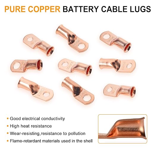 Copper Lugs kit 1/0 Gauge 2 Gauge 6 Gauge Battery Cable Lugs 5/16" and 3/8" Stud Ring Terminals Heavy Duty 0 2 6 AWG Wire Lugs 28 PCS Battery Cable Ends Wire Connectors with 28 PCS Heat Shrink Tubing