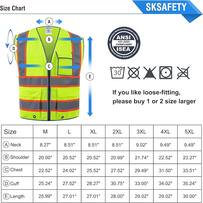 SKSAFETY 10 Pockets Safety Vest, Class 2 High Visibility Security with Zipper, Hi Vis Vest with Reflective Strips, ANSI/ISEA Standard, Construction Work Vest for Men ＆ Women （Lime, 3XL）