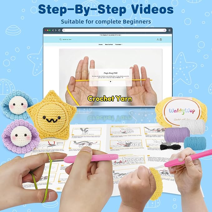 WaldyWop Crochet Kit for Beginners: 3Pcs Ocean Friends Wobbles Crochet Animal - Image 3