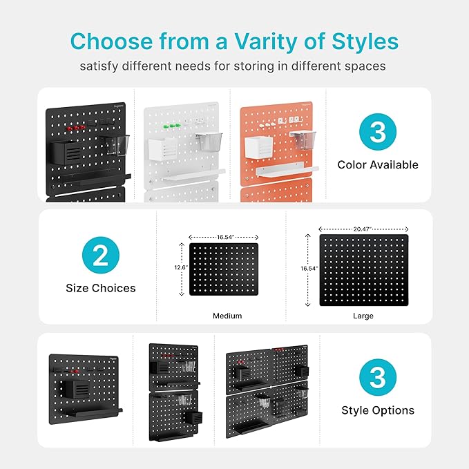 Pegboard Wall Organizer Combination Kit, Overall 25.4"x16.6" Metal Office Pegboard with 13 Accessories, Wall Mounted Peg board Display Panels for Home, Gaming Room, Garage (2Pcs, Medium,Black)