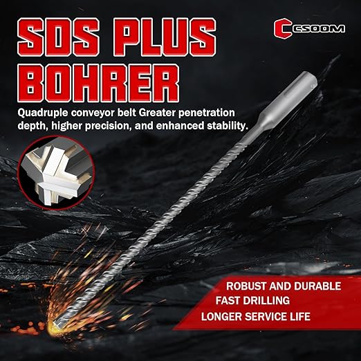 CSOOM SDS Plus Rotary Hammer Drill Bit 1/4"x10.24", Professional Concrete Drill Bit for Concrete, Brick, Stone and Cement Walls
