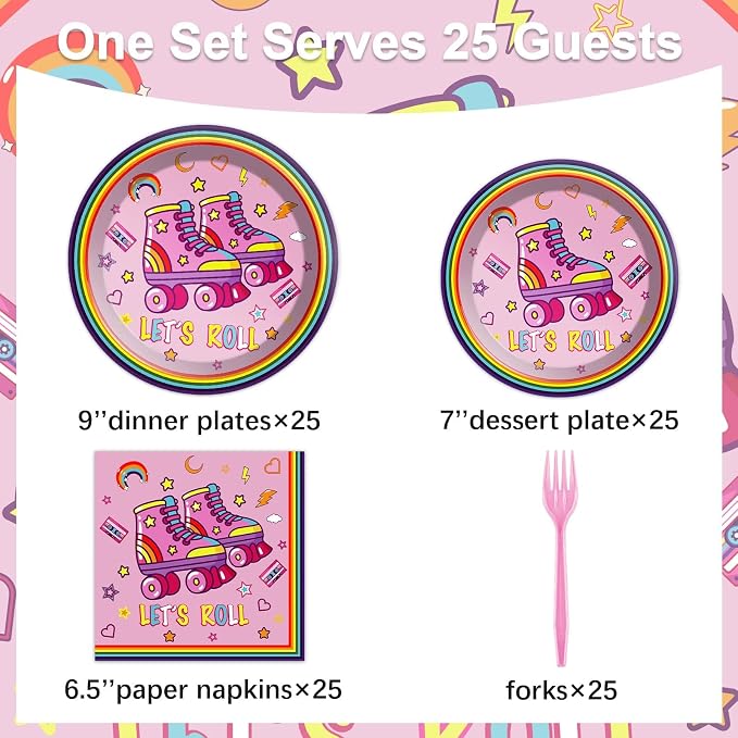 Qyeahkj 100 Pcs Roller Skating Party Plates and Napkins Set Pink Roller Skate - Image 2