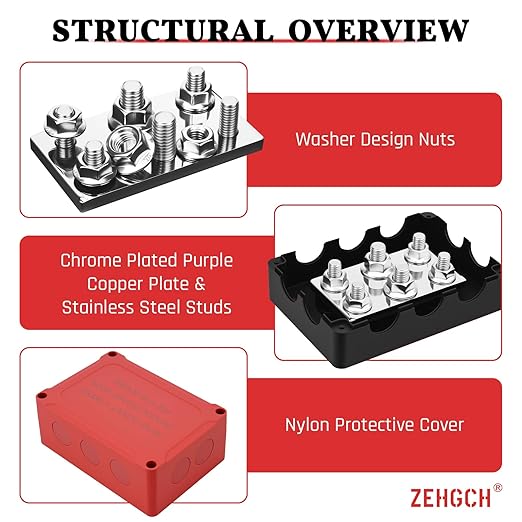 500A Bus Bar - ZEHGCH Weather Proof Power Distribution Block with 4 * 5/16"(M8)+2 * 3/8"(M10) Studs 48V DC - Heavy Duty Automotive Marine Battery Terminal Blocks with Cover - Negative&Positive
