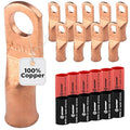 SELTERM 10pcs - 6 Awg - 1/4" Stud - Battery Lugs - Ring Terminal Connectors | with 12pcs 3:1 Black & Red Heat Shrink Tubing with Adhesive | Heavy Duty Battery Cable Ends - Bare Copper Wire Lugs Kit