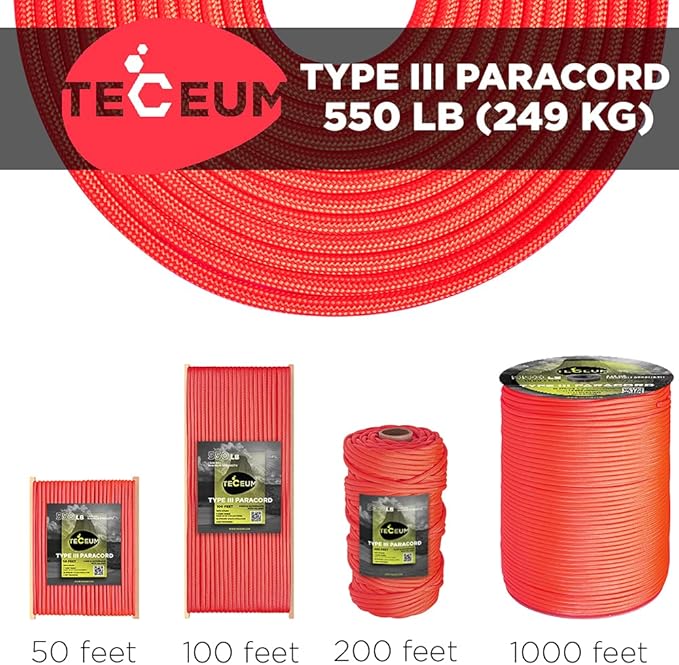 TECEUM 5/32" Paracord Rope 1000 – 1000ft / 200ft / 100ft / 50ft – Tactical Parachute Cord 4mm – 45+ Colors – Nylon String for Survival & Camping Gear – Stripe Cord for Survival – Utility Rope