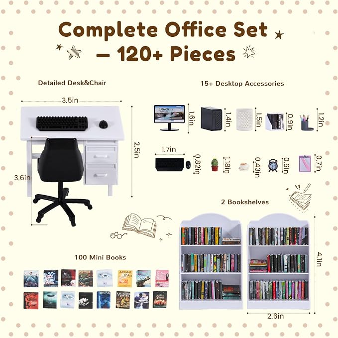 1:12 Scale Mini Desk Set with 100 Mini Books & 2 Bookshelves — Miniature - Image 2