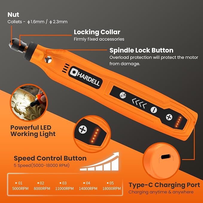 HARDELL Mini Cordless Rotary Tool, 5-Speed and USB Charging - Image 6