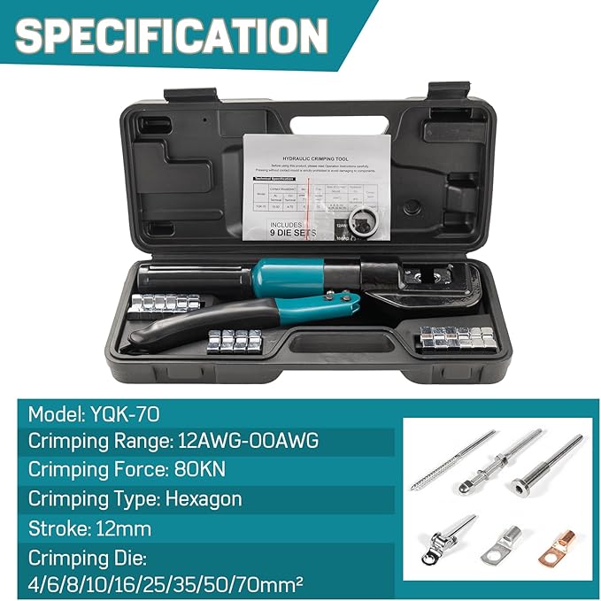 Hydraulic Crimping Tool for Railing - Wire Rope Battery Cable Lug Terminal Crimper with 9 Dies - 12 to 2/0 AWG for 1/8" 3/16" Stainless Steel Cable Railing