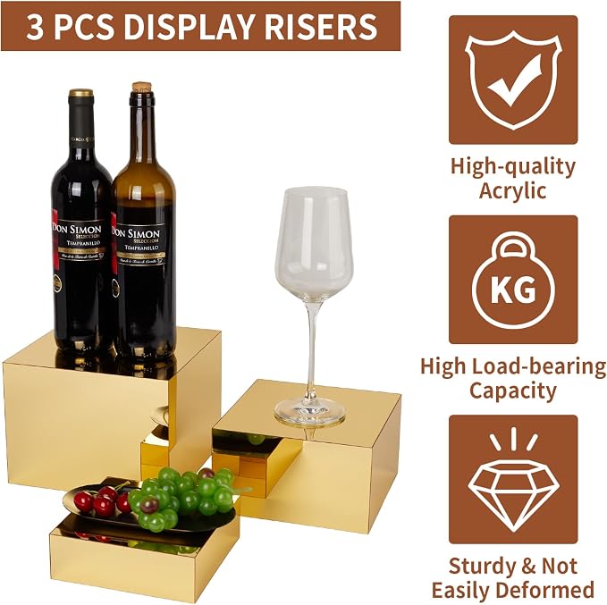 3Pcs Gold Acrylic Riser Display Stands Mirrored Nesting Cube Boxes | Pedestal - Image 6