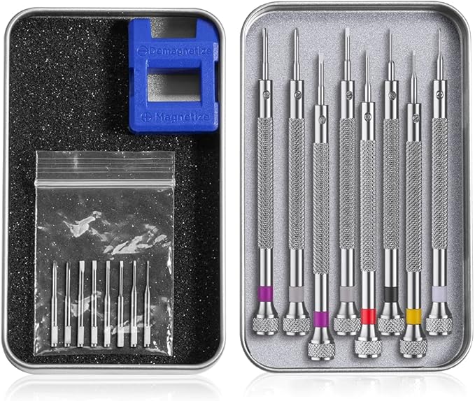 8PCS Professional Micro Precision Screwdriver Set 0.6-1.6mm, 8 Extra Replace Blades for Watch, Eyeglasses, Jewelry Work, Electronics Repair