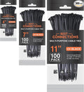 BEST CONNECTIONS Black Cable Zip Ties 300 Pack Assorted Sizes 4+7+11 Inch (100 Pack Each) – Multi-Purpose Self-Locking Nylon Wire Ties with 50 Lbs Tensile Strength – Cable Management