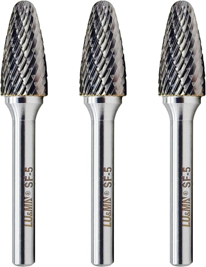 LU&MN SF-5 Tungsten Carbide Burr Tree Shape Radius End Double Cut Rotary Burr File (1/2” Cutter Dia X 1”Cutter Length) with 1/4'' Shank, 3PCS