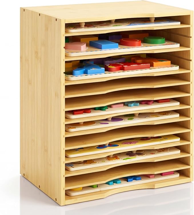 Ripeng 1 Pack Bamboo Puzzle Holder Rack, 12-Tier Adjustable Storage Organizer by Ripeng