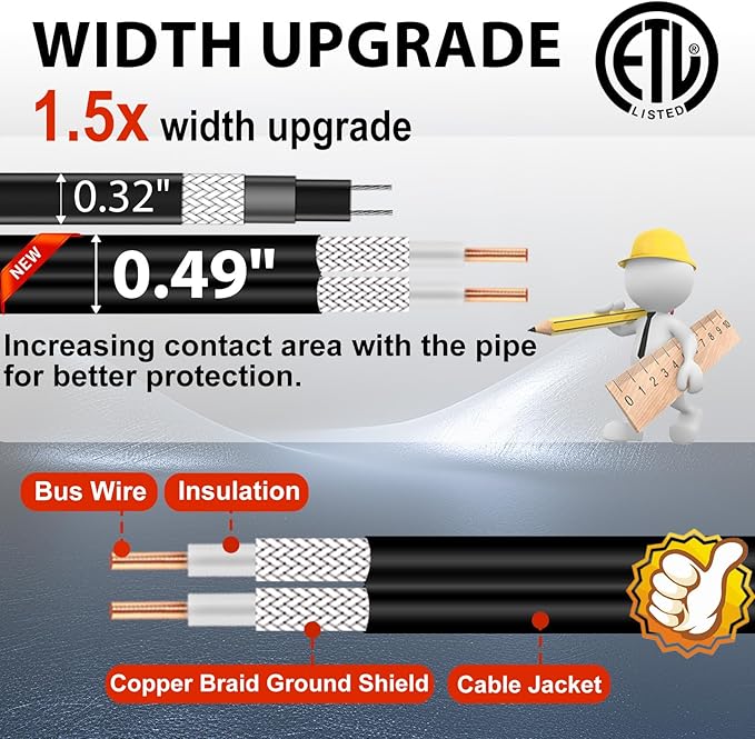 HEATIT Pipe Heating Cable with Thermostat Electric Heating Cable Automatic Heat Tape Pipe Freeze Protected Heated Cable 22 Feet