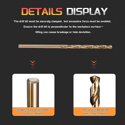 Drill Bit, #34 Cutting Diameter, 4341 HSS Gold Finish 118° Cutting Angle Number Jobber Bits - (Applications: for Drilling Soft Metal Plastic Wood), 5-Pieces