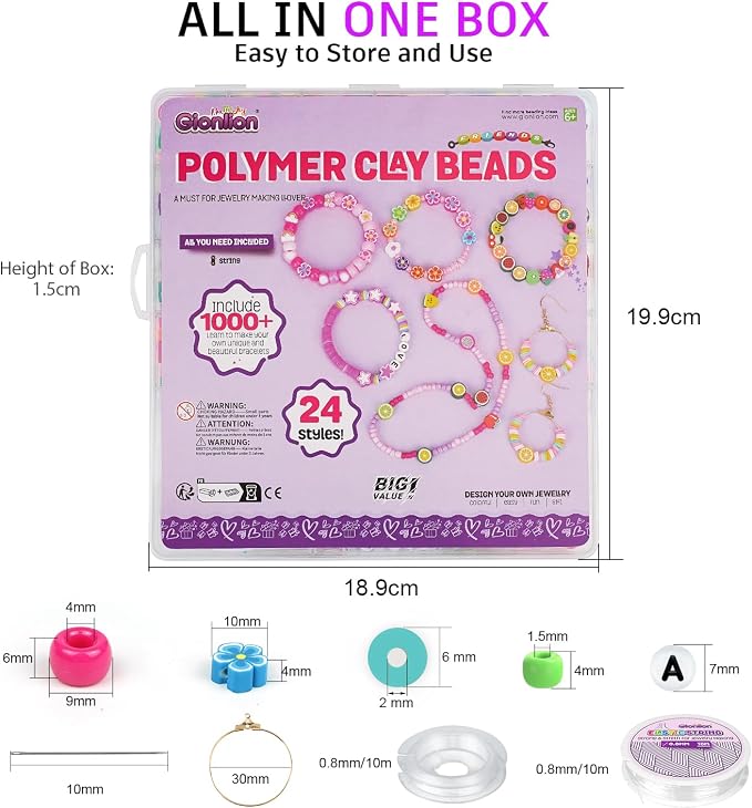 Gionlion 1000PCS Polymer Clay Beads Bracelet Making kit, 24 Style Cute Fun - Image 6