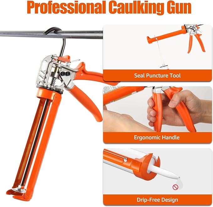 Holothurian Caulking Gun, Caulk Gun No Drip,Sealant Finishing Tool Grout Scraper for Kitchen Bathroom Window Sink Joint, 1/10 Gallon Cartridge, 20:1 Thrust Ratio