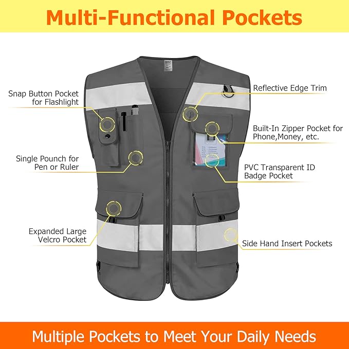 TCCFCCT Reflective Safety Vest 9 Pockets High Visibility Vest for Men Women, Hi Vis Construction Work Vest with Reinforced Sewing, Durable to Use, Meets ANSI/ISEA Standards, (Grey, 5X-Large)