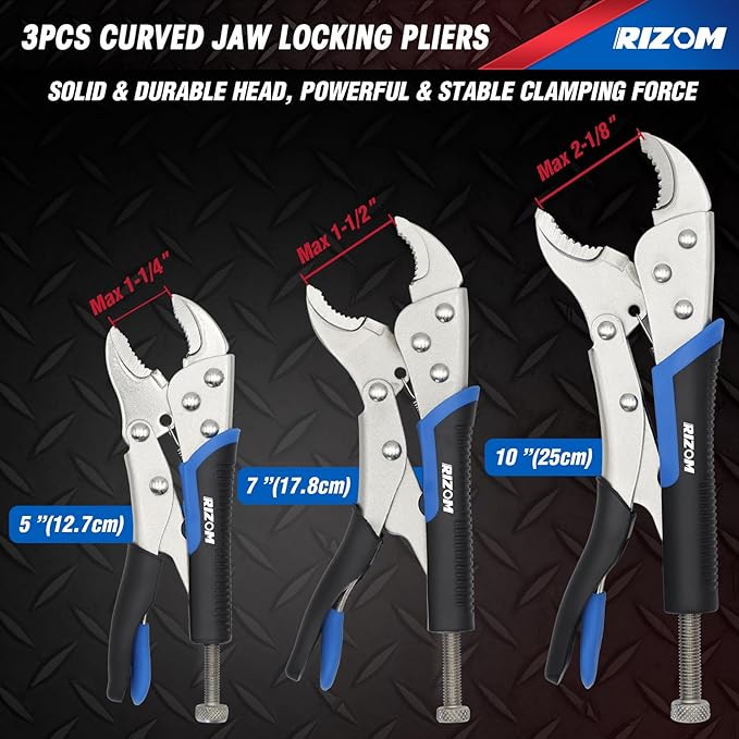 Rizom Vice Grips Pliers Set, 6-Piece Locking Pliers Set, 6-1/2”, 9-1/2” Needle Nose Vice Grips, 5”, 7” and 10” Curved Jaw Vise Grip, 6” C-clamp Locking Pliers, Fast Release with Rolling Pouch
