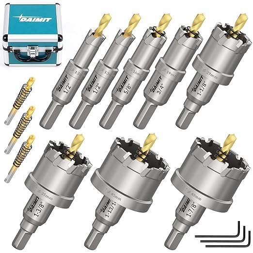 DAIMIT 14Pcs TCT Hole Saw Kit, 1/2"-1-57/64" Heavy-Duty Tungsten Carbide Hole Saws Kit for Metal, Stainless Steel, Iron, Wood, Plastic, with 3*Detachable Pilot Drill Bits and 3*L-Wrench