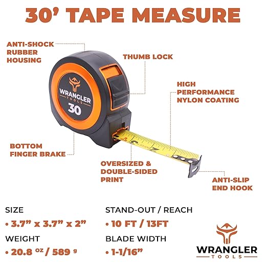 30 FT Tape Measure - Retractable Measuring Tape - Oversized & Double-Sided Print - Blade Lock, Finger Brake - High Performance Nylon Coating, 10' Stand-Out - 13' Reach / 1-1/16" Blade